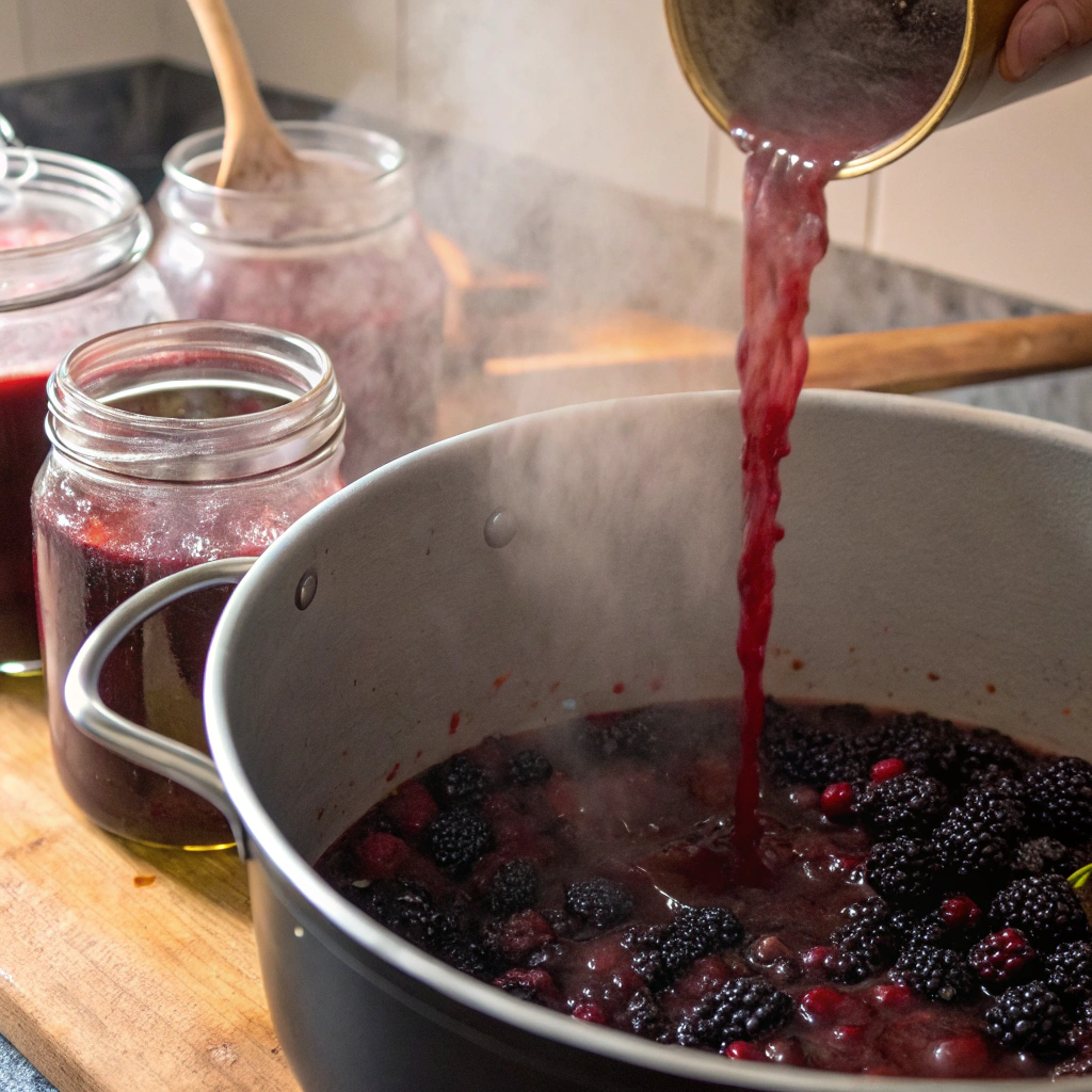 Step-by-step cooking process for homemade blackberry jelly and jam recipe in a pot