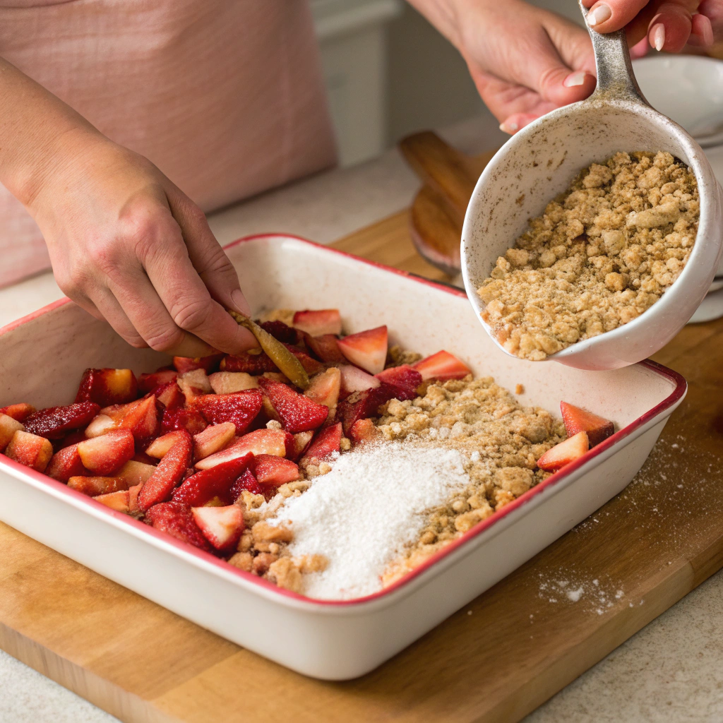 Step-by-step preparation of Easy Strawberry Rhubarb Crisp in progress