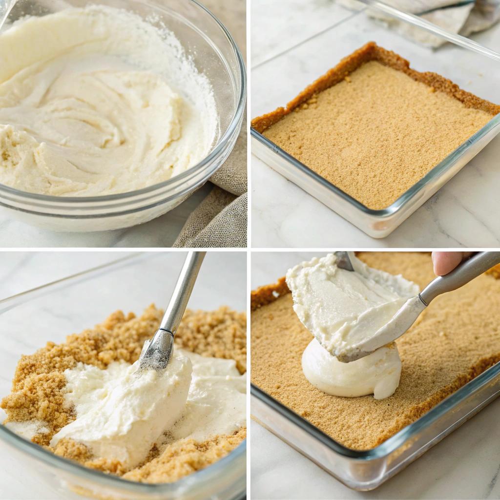 Step-by-step process of making Easy No-Bake Cheesecake Bars in a mixing bowl.