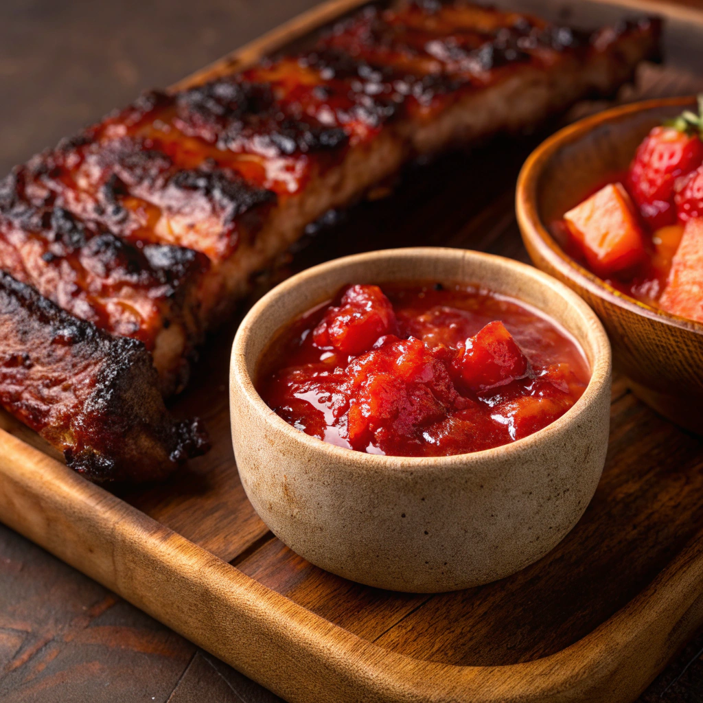 Strawberry Rhubarb Barbecue Sauce served with grilled meat