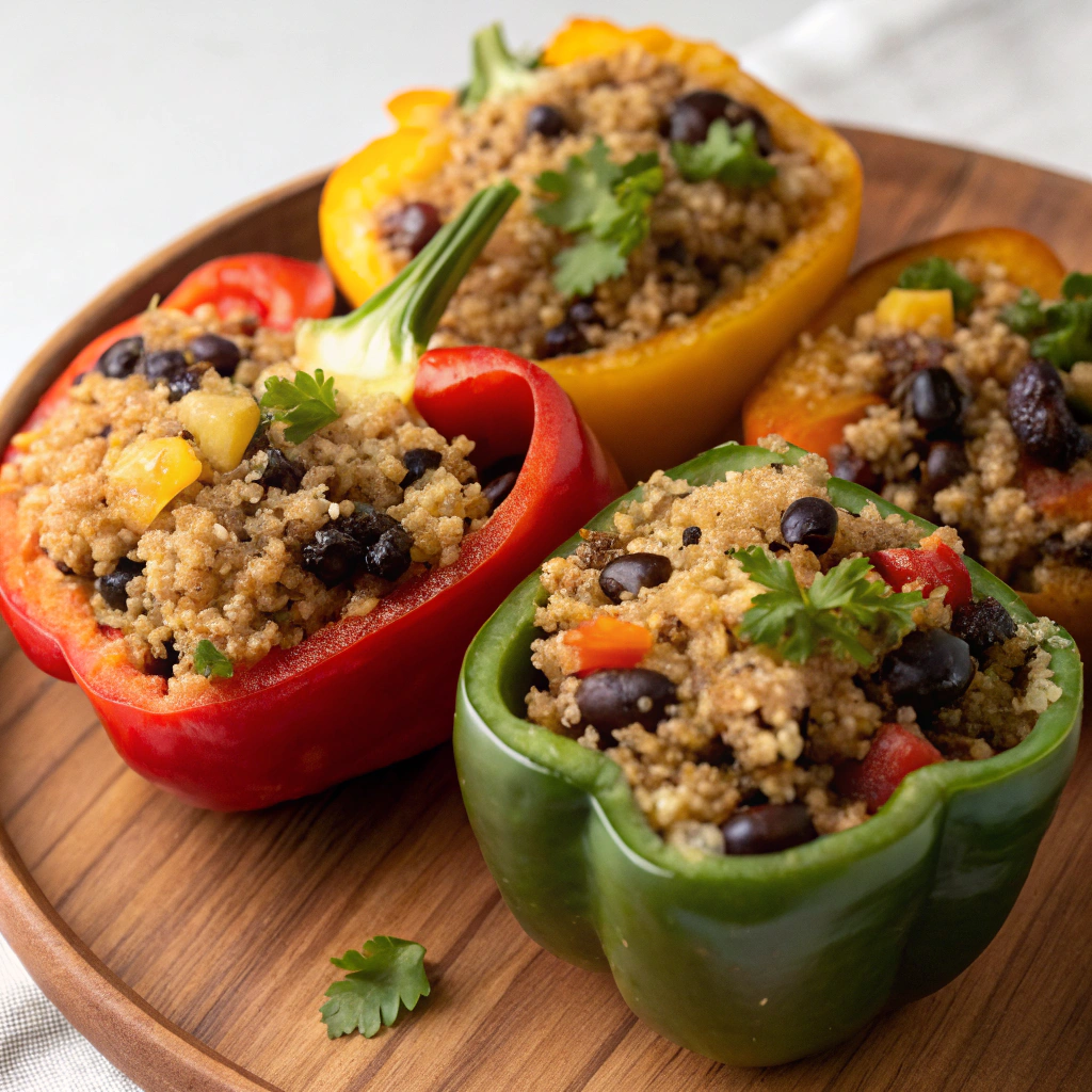 Stuffed bell peppers filled with quinoa and black bean mixture.Wednesday night supper