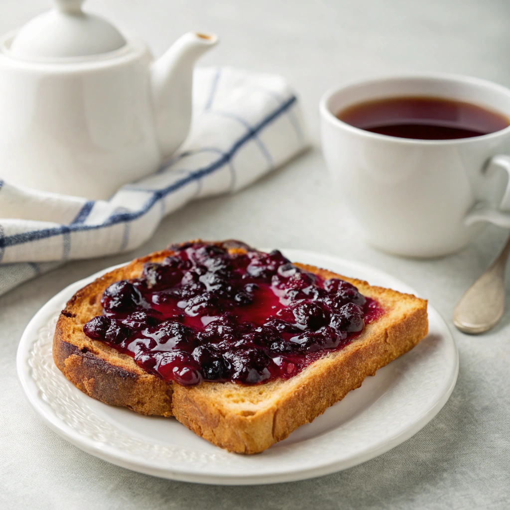 Toast topped with homemade blackberry jelly and jam recipe, served with tea