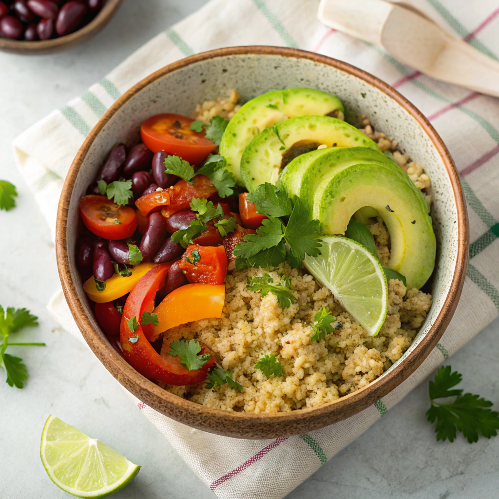 Vegetarian Taco Bowl Meal Prep with quinoa, kidney beans, bell peppers, and avocado.