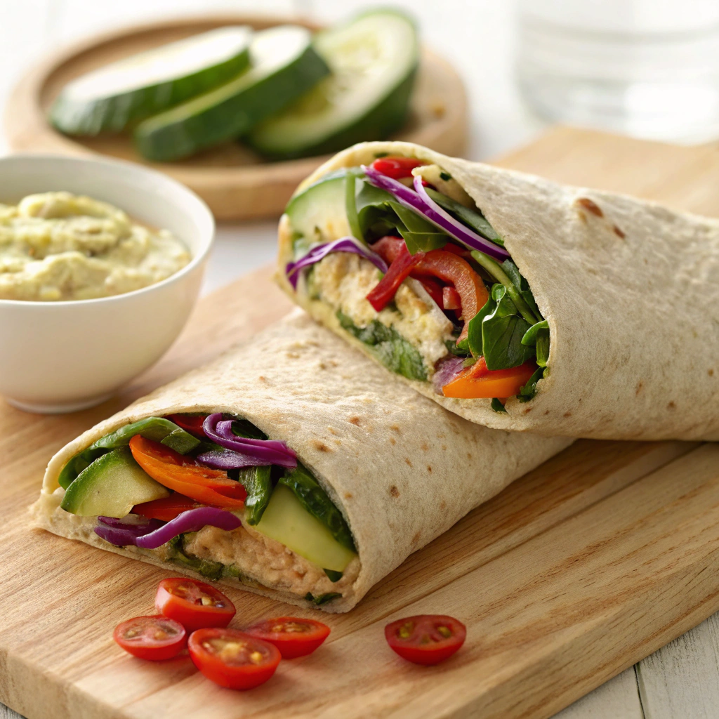 Veggie Hummus Wrap filled with colorful fresh vegetables and hummus