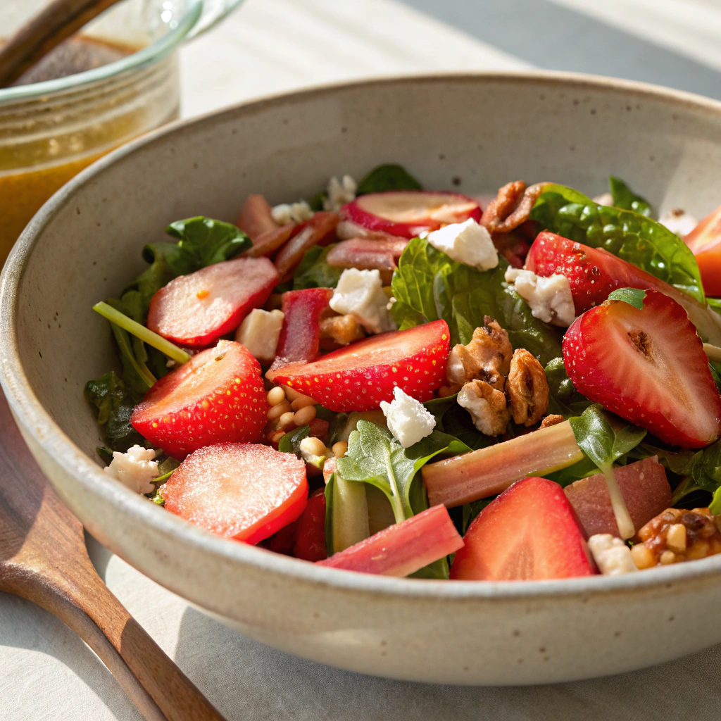 Vibrant Strawberry Rhubarb Salad in a bowl.