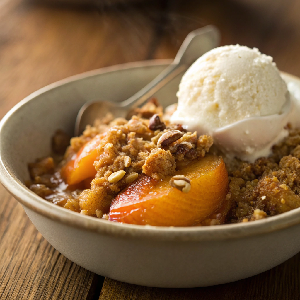 Warm easy peach crisp recipe served with vanilla ice cream