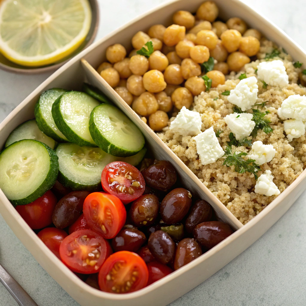 Mediterranean chickpea and quinoa bento with cucumber and feta — Easy healthy Bento Box Meals