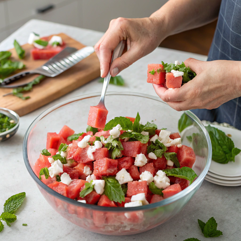Assembling watermelon feta mint salad — tossing watermelon, feta, and mint in a bowl