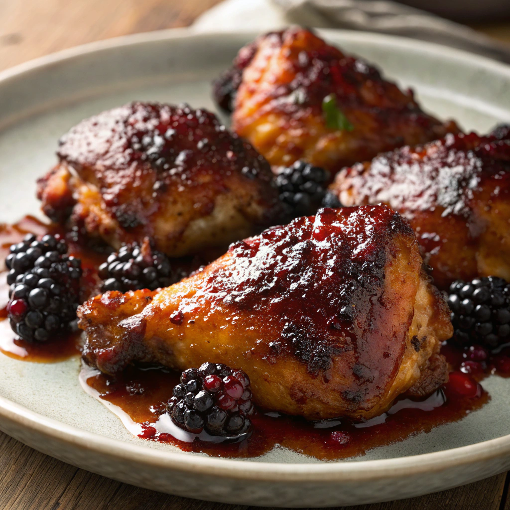 Roasted chicken thighs glazed with homemade blackberry jam on a serving platter — Easy recipes with homemade blackberry jam