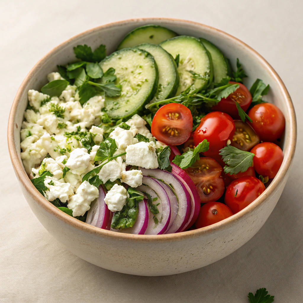 Served Cucumber and Feta Salads in a shallow bowl with herbs and olives
