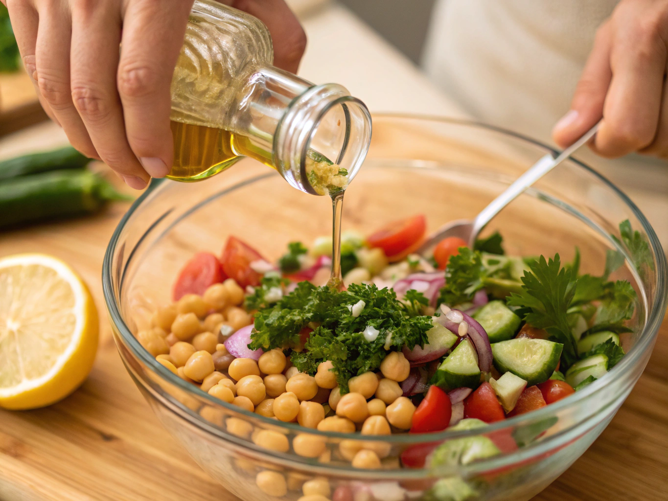 Step-by-step preparation for Easy Chickpea Salad Recipes — chopping and mixing ingredients