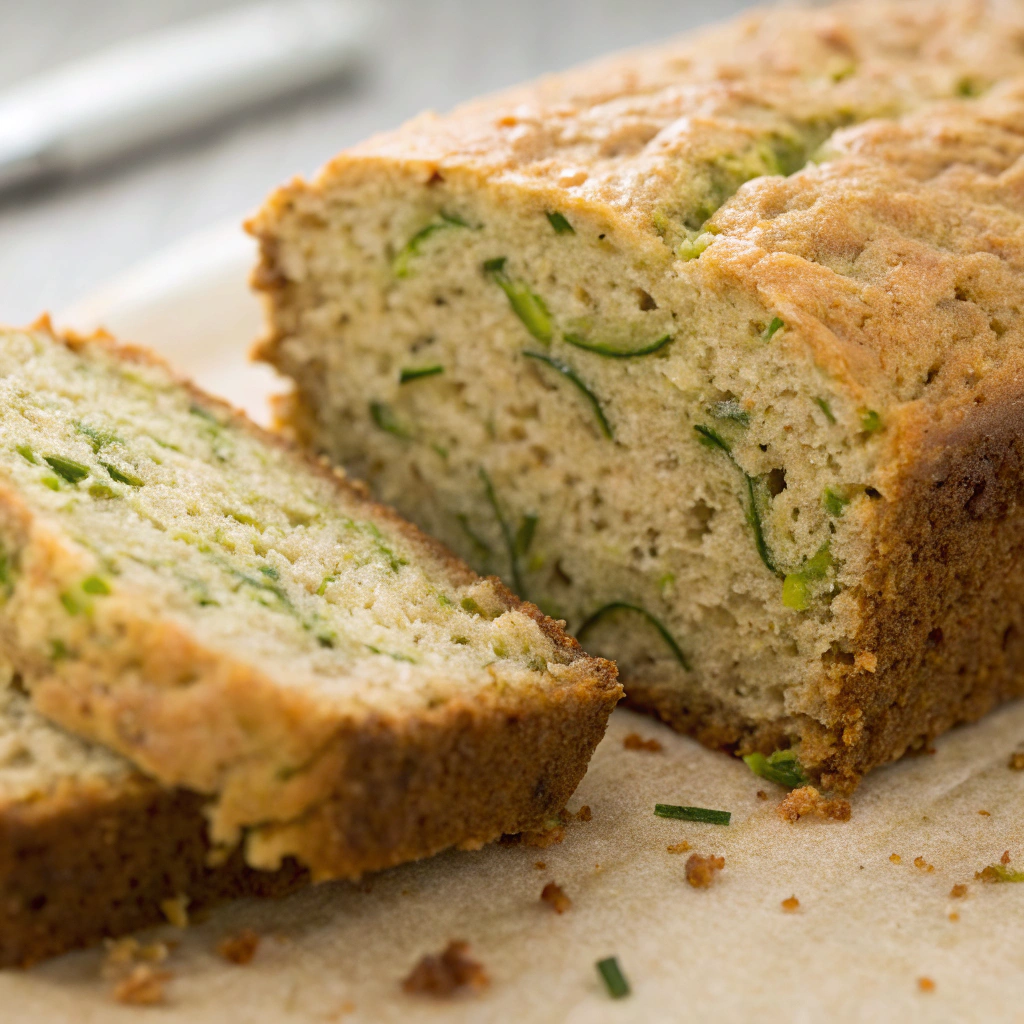 Homemade gluten free zucchini bread loaf sliced on a wooden board