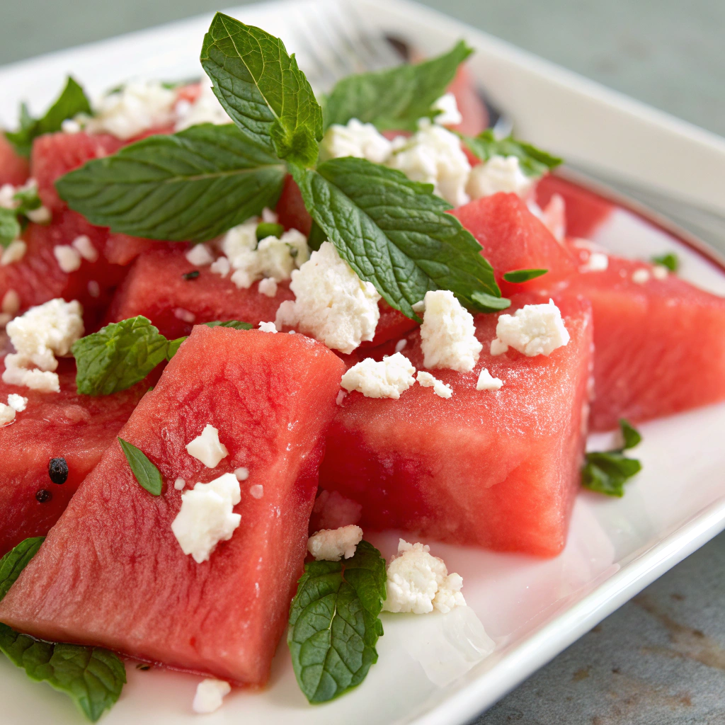 Close-up of watermelon feta mint salad showing texture and color