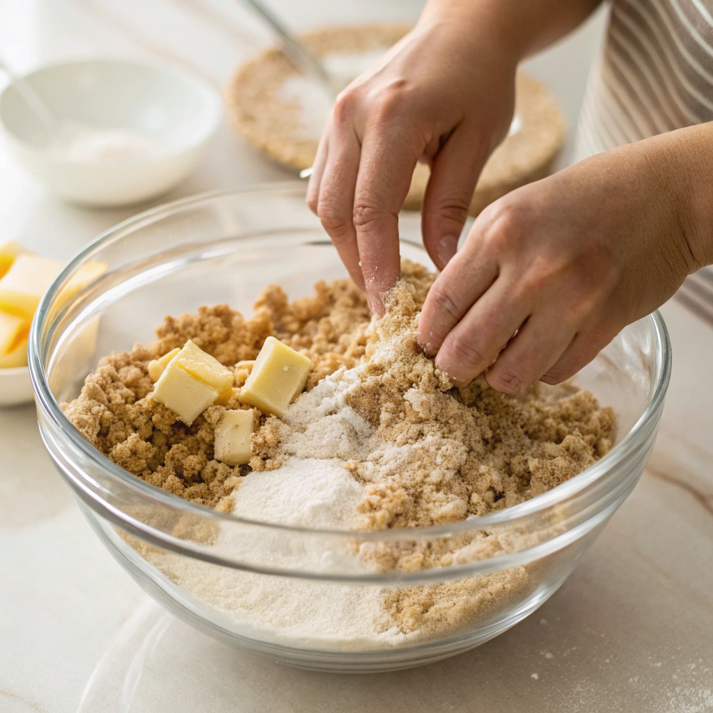 Preparing peach filling and topping for easy peach crisp recipe