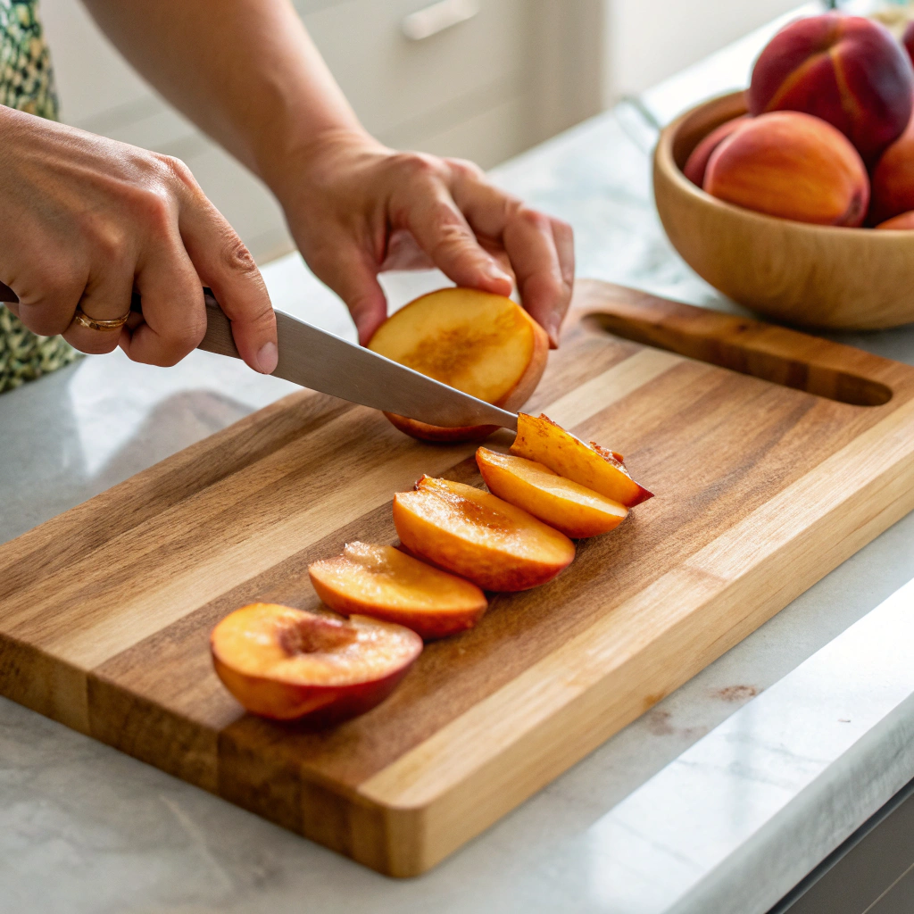 Preparing peach filling and topping for easy peach crisp recipe