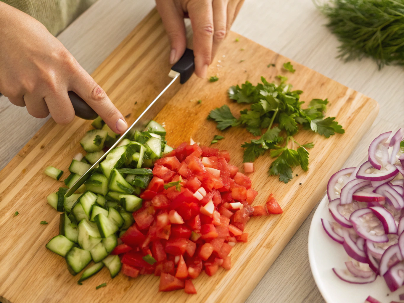 Step-by-step preparation for Easy Chickpea Salad Recipes — chopping and mixing ingredients