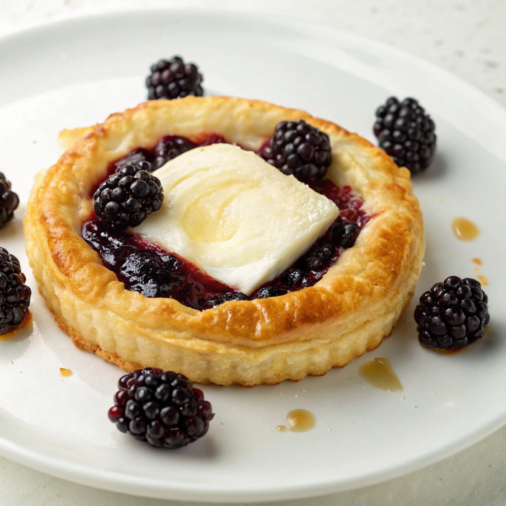 Golden puff pastry tart topped with melted brie and dollops of homemade blackberry jam — Easy recipes with homemade blackberry jam