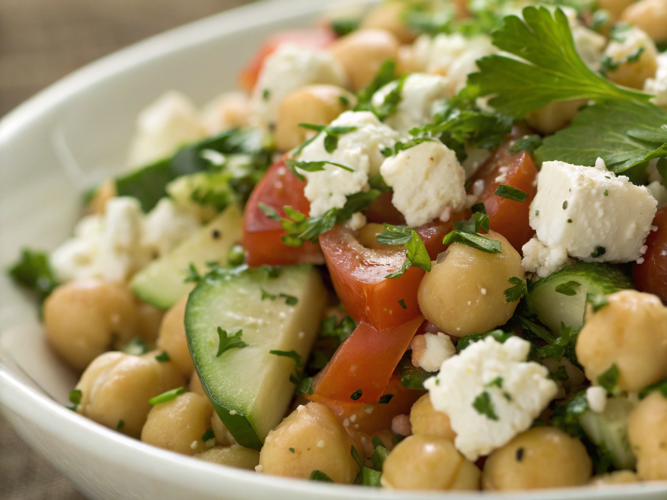 Close-up of Easy Chickpea Salad Recipes — chickpeas, herbs, and feta detail