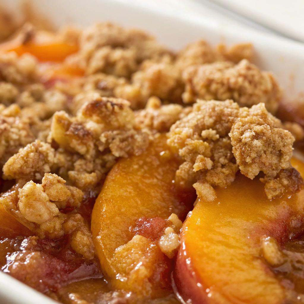 Close-up of golden oat topping on easy peach crisp recipe