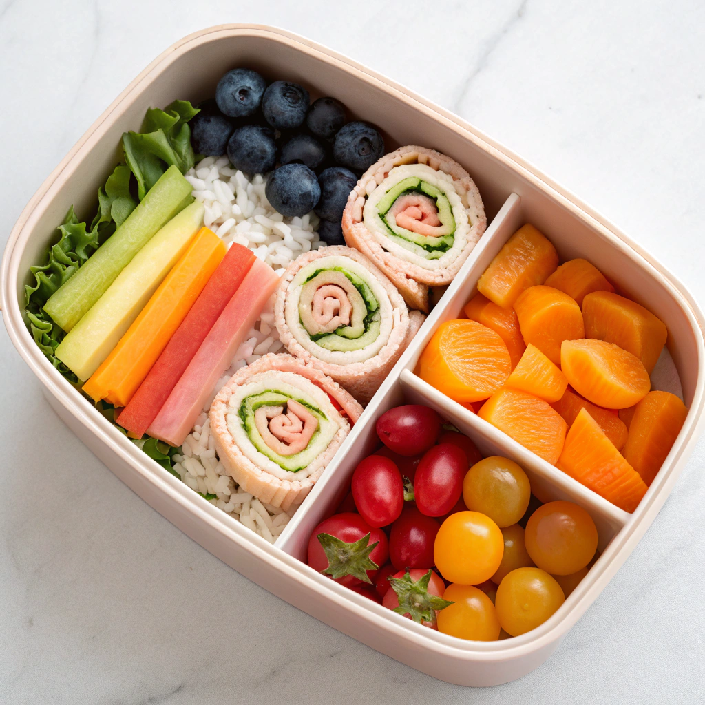 Healthy Bento Box Meals For Kids — rainbow veggie and turkey roll bento