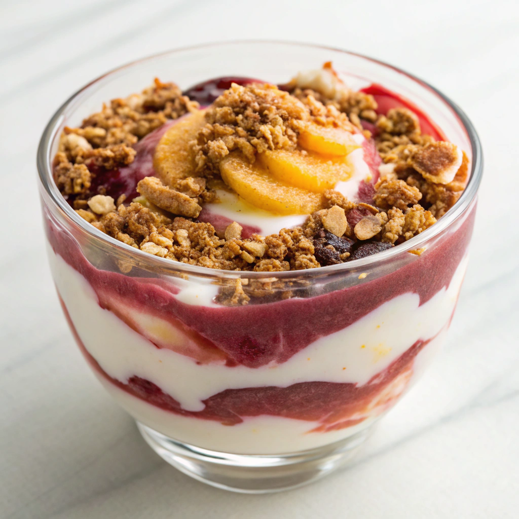 Layered Greek yogurt parfait with swirls of homemade blackberry jam and granola — Easy recipes with homemade blackberry jam