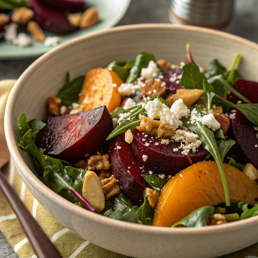 Homemade Healthy Roasted Beet Salad finished and served in a bowl