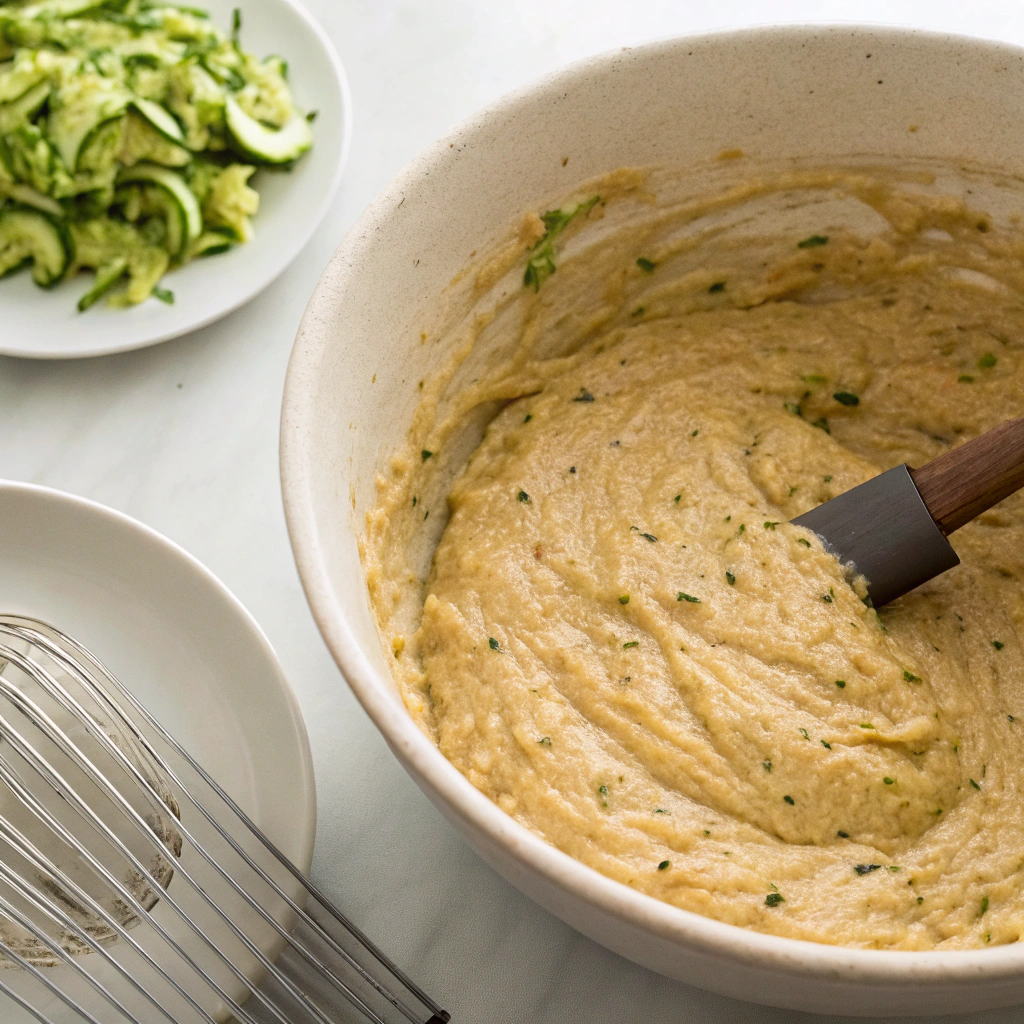 Mixing bowl with batter for gluten free zucchini bread and a spatula