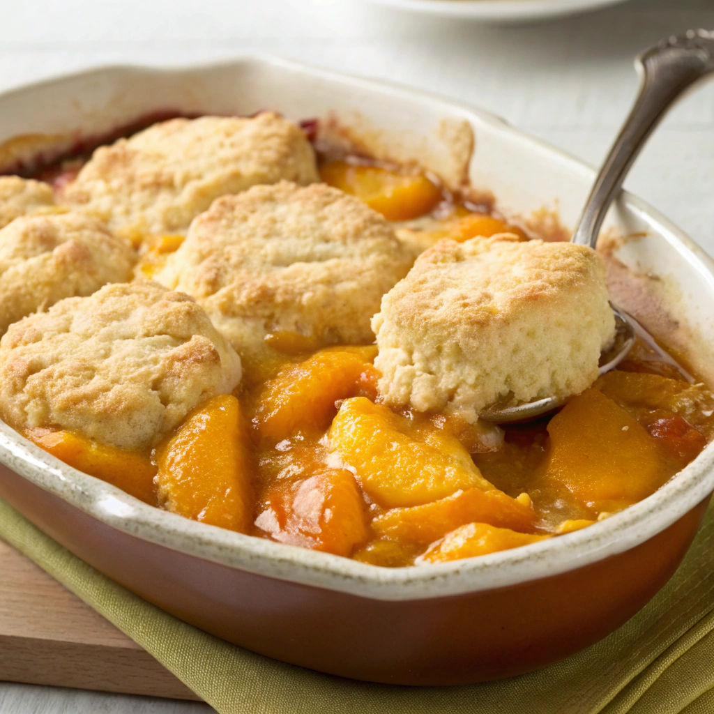 Old-fashioned peach dessert recipes — classic peach cobbler with golden biscuit topping and juicy peach filling