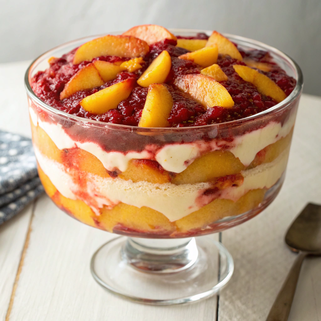 Old-fashioned peach dessert recipes — Peach Melba trifle layered with poached peaches and raspberry sauce