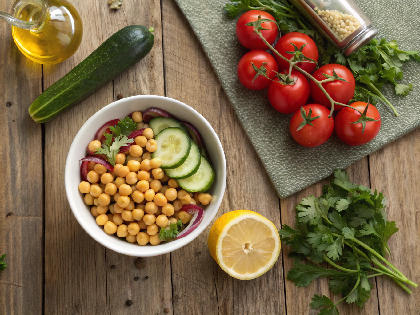 Fresh ingredients for Easy Chickpea Salad Recipes — chickpeas, cucumber, tomatoes, red onion, parsley, lemon, olive oil