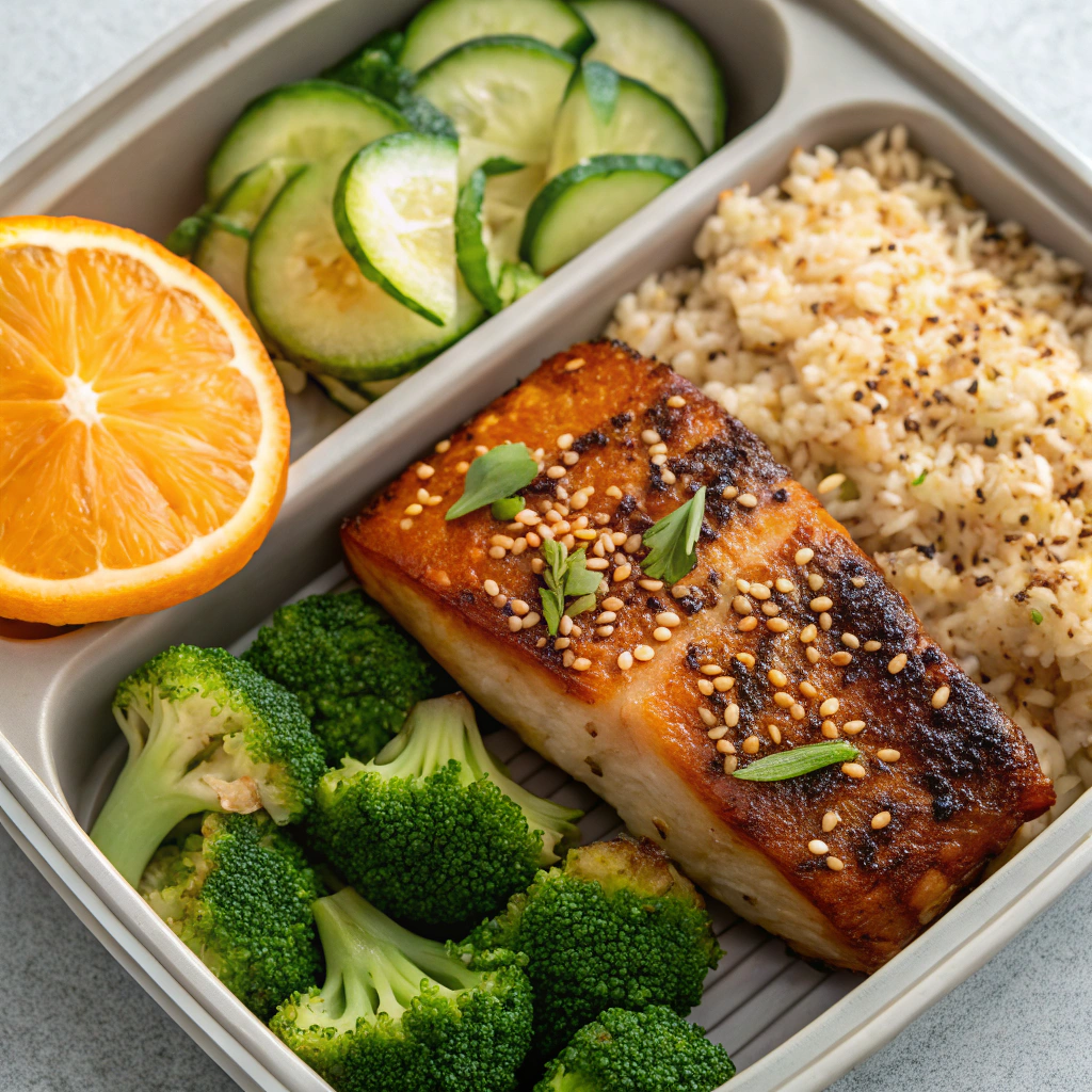 Teriyaki salmon bento box with rice and vegetables — Easy healthy Bento Box Meals