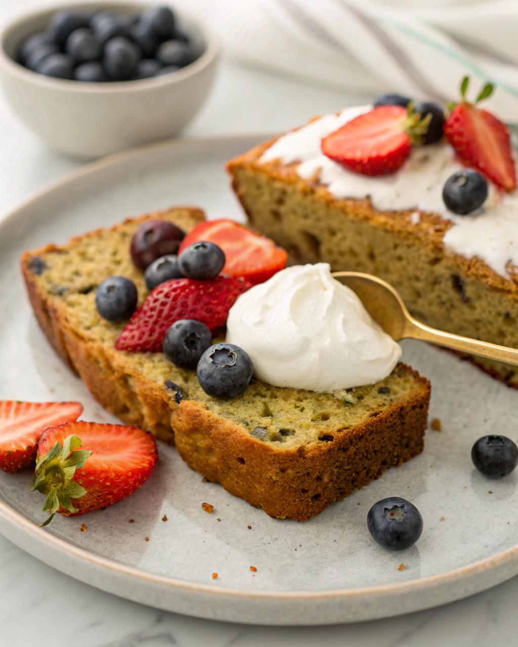 Slice of gluten free zucchini bread served on a plate with a dollop of yogurt