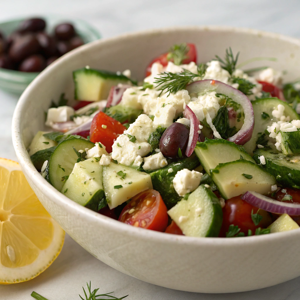 Finished homemade Cucumber and Feta Salads in a glass bowl, ready to serv