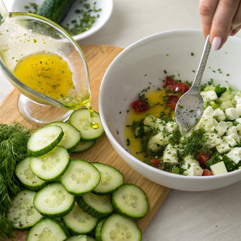 Step-by-step prep for Cucumber and Feta Salads — slicing cucumbers and mixing dressing