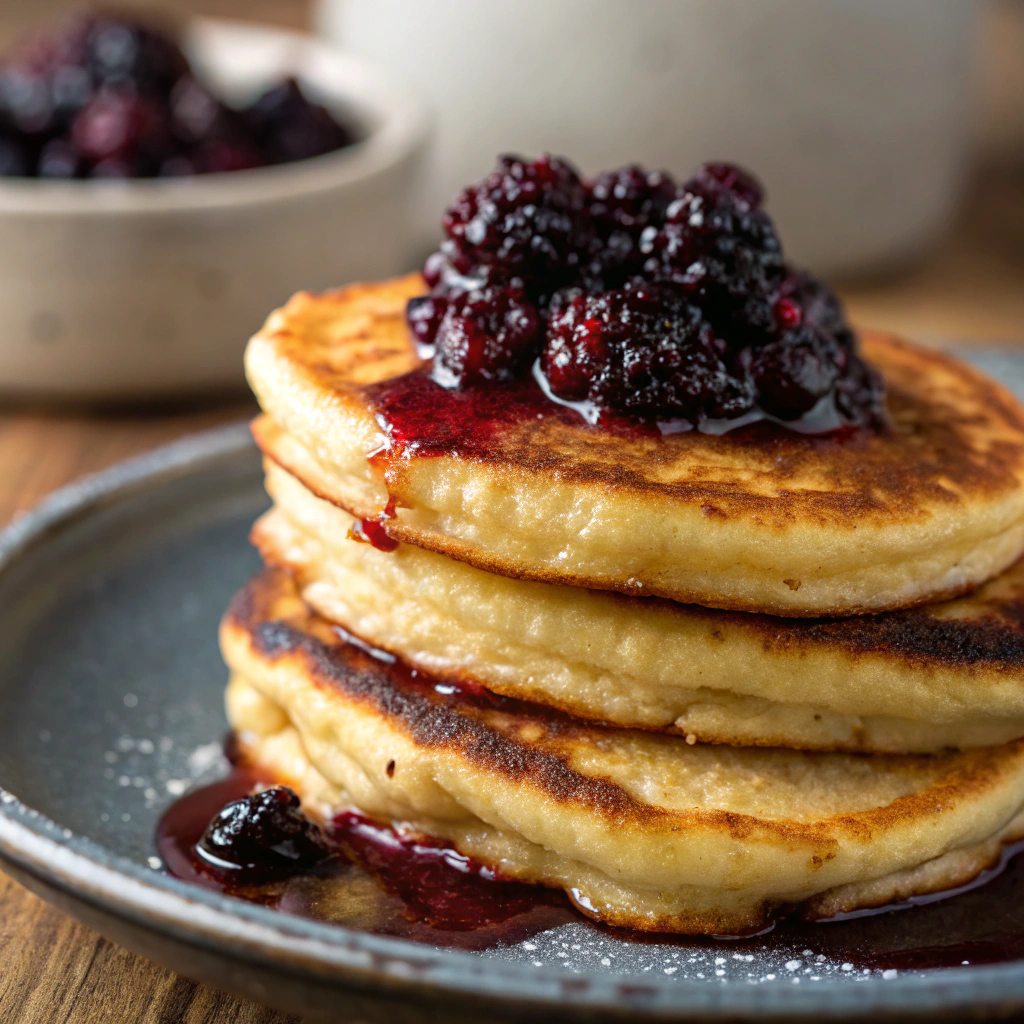 Fluffy pancake stack topped with spoonfuls of homemade blackberry jam — Easy recipes with homemade blackberry jam