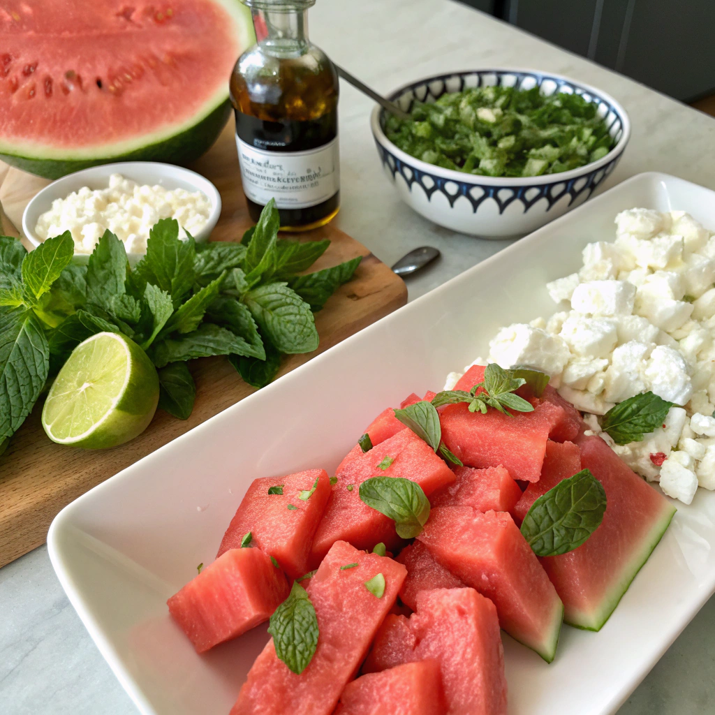 Watermelon feta mint salad ingredients on a counter — watermelon, feta, mint, lime, olive oil