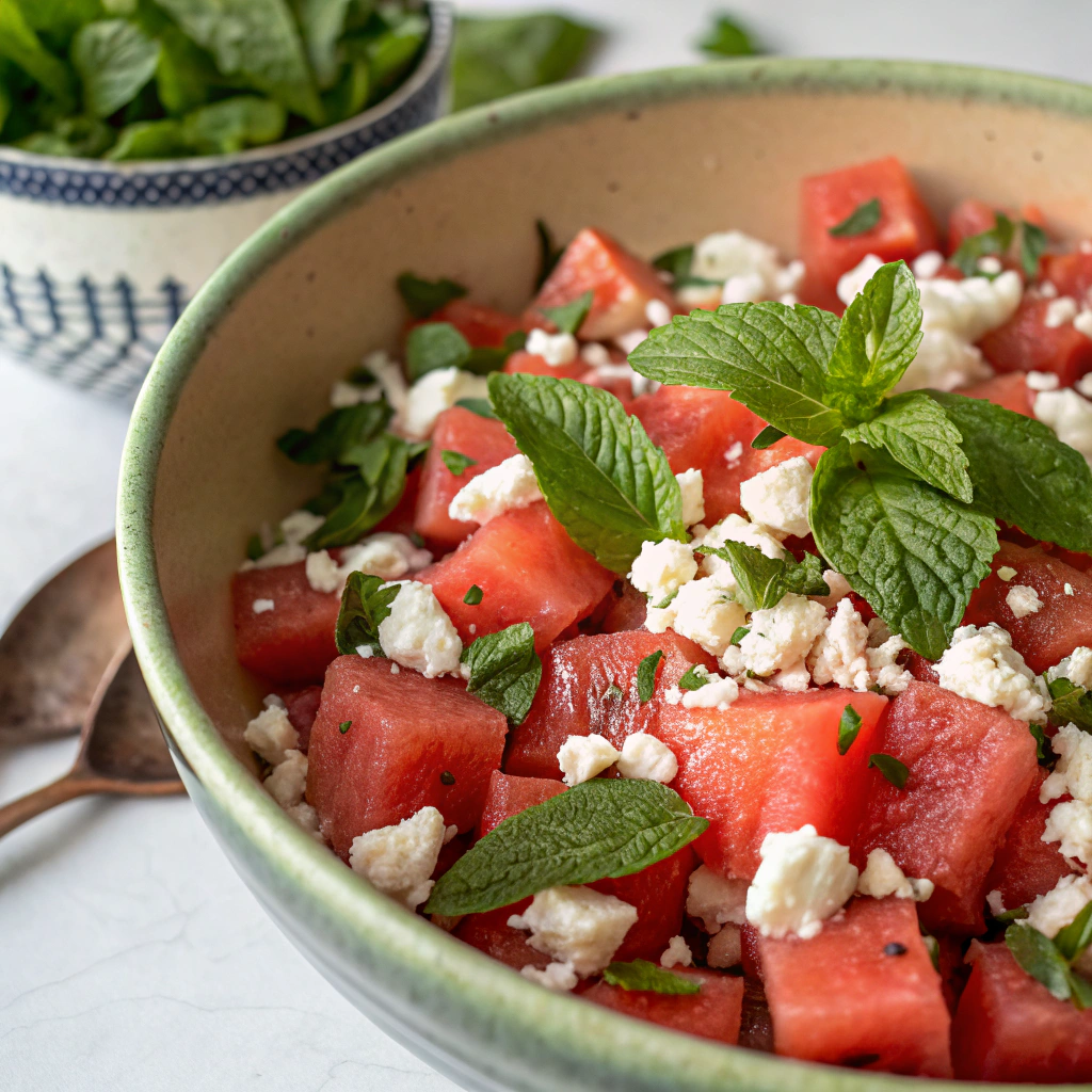 Watermelon feta mint salad served in a large bowl with mint garnish