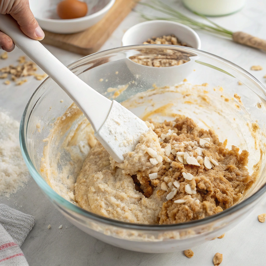 A spatula gently folding the batter for Coconut Oatmeal Muffins in a large mixing bowl.