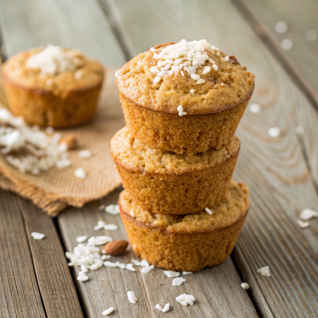 A batch of golden-brown Coconut Oatmeal Muffins cooling on a wire rack after being removed from the oven.