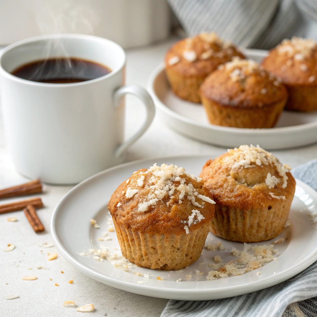 Detailed close-up of a broken-open Coconut Oatmeal Muffin showing the moist, tender crumb and coconut texture inside.