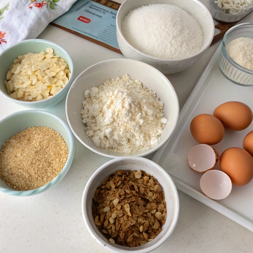Ingredients for homemade Coconut Oatmeal Muffins including oats, flour, shredded coconut, and eggs arranged on a counter.