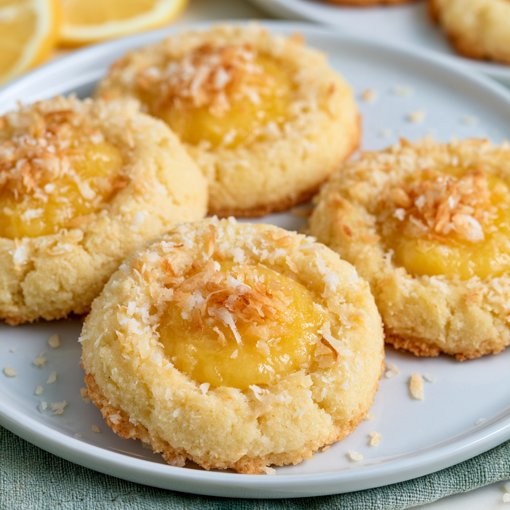 Zesty lemon curd coconut thumbprint cookies garnished with toasted coconut flakes.