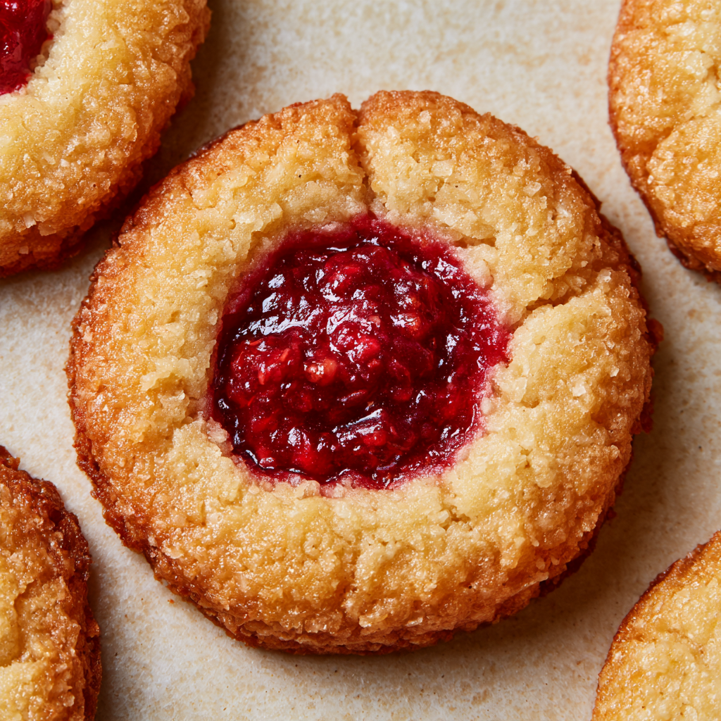 Classic coconut thumbprint cookies filled with bright red raspberry jam.