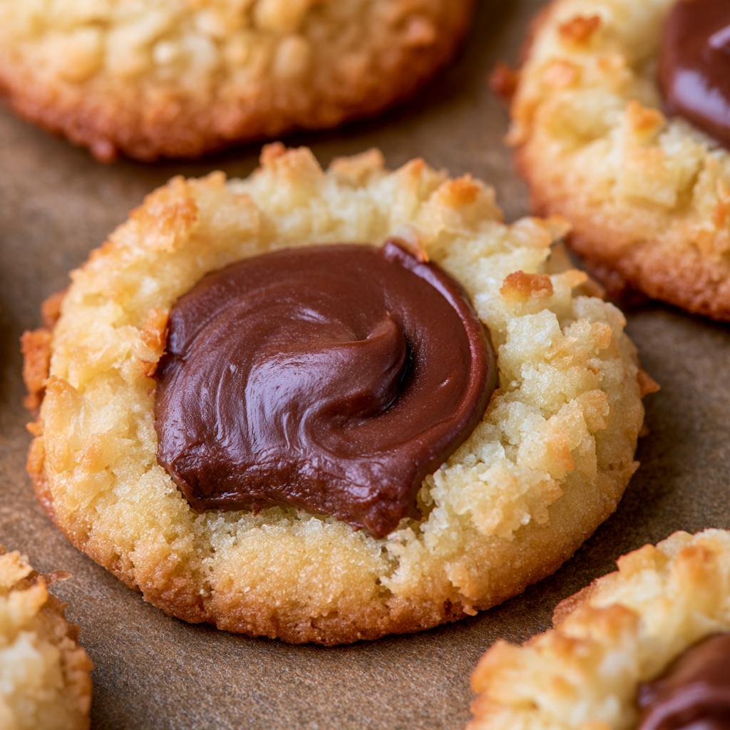 Decadent dark chocolate ganache coconut thumbprint cookies on a cooling rack.
