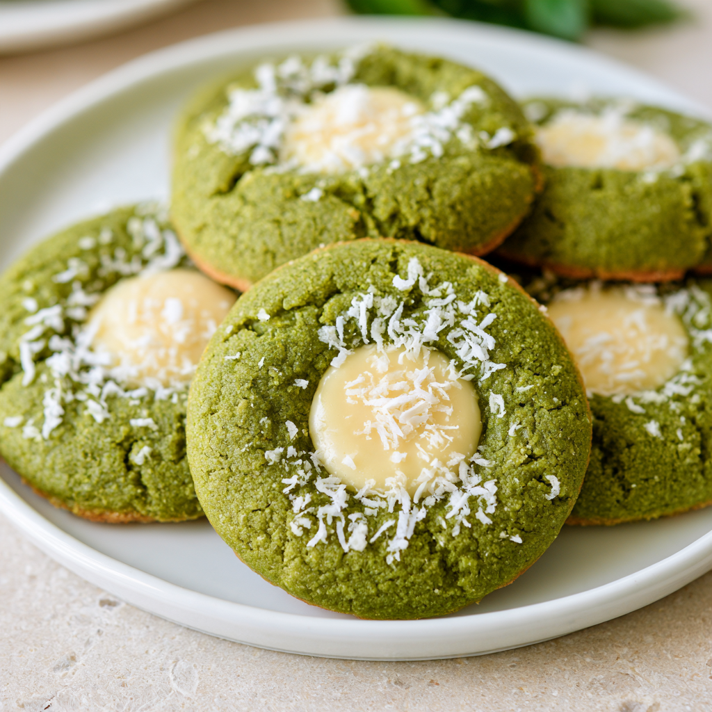 Elegant matcha and white chocolate coconut thumbprint cookies.