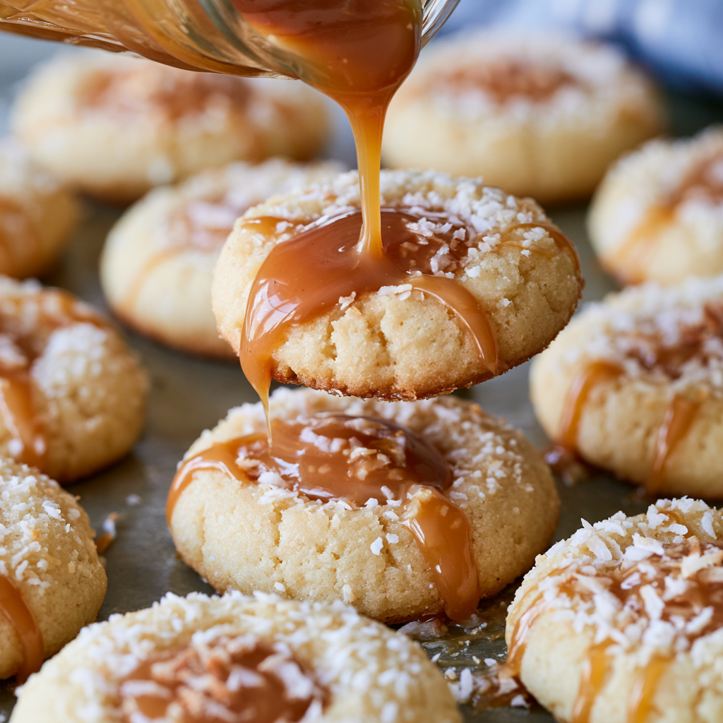 Homemade salted caramel and almond coconut thumbprint cookies.