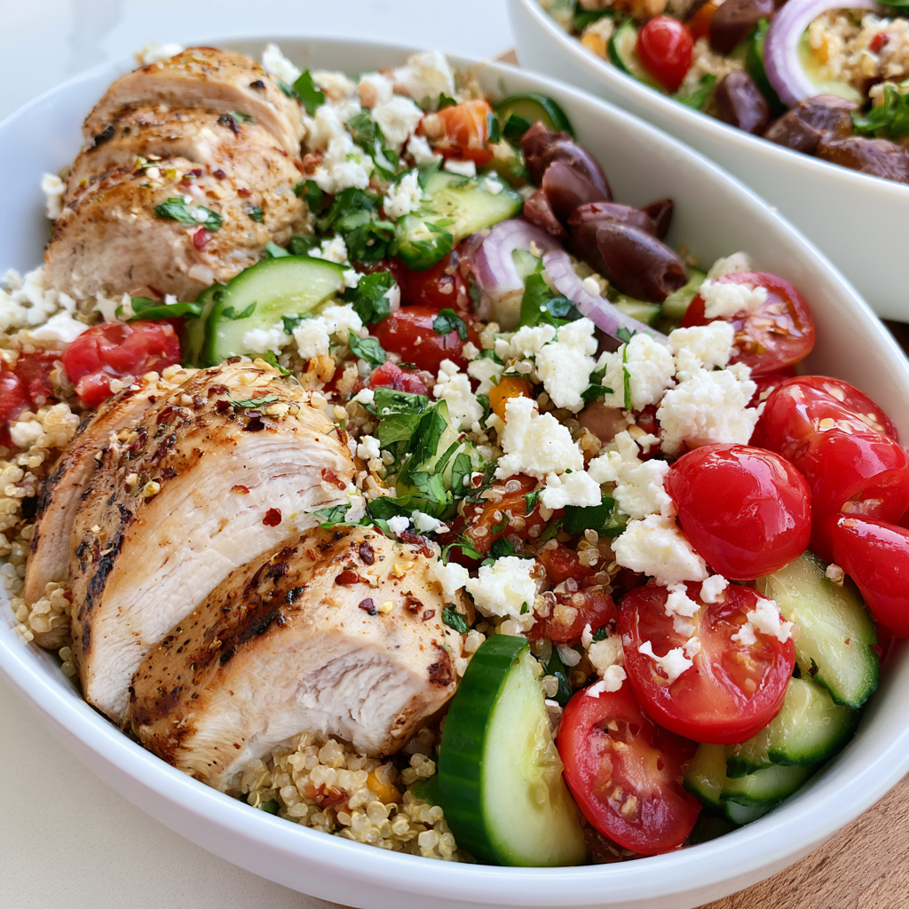 Mediterranean-style High-Protein Bowls featuring grilled chicken, quinoa, and feta.