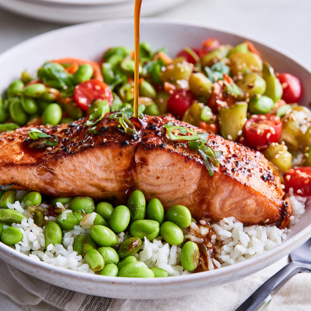 Salmon and edamame High-Protein Bowls drizzled with a savory soy glaze.