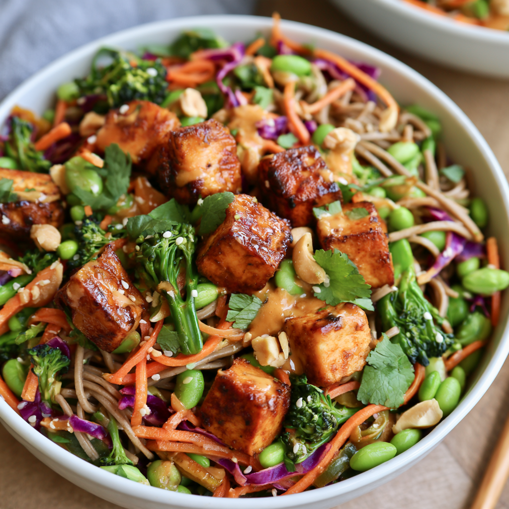 Vegan-friendly Spicy Peanut Tofu High-Protein Bowls with soba noodles.