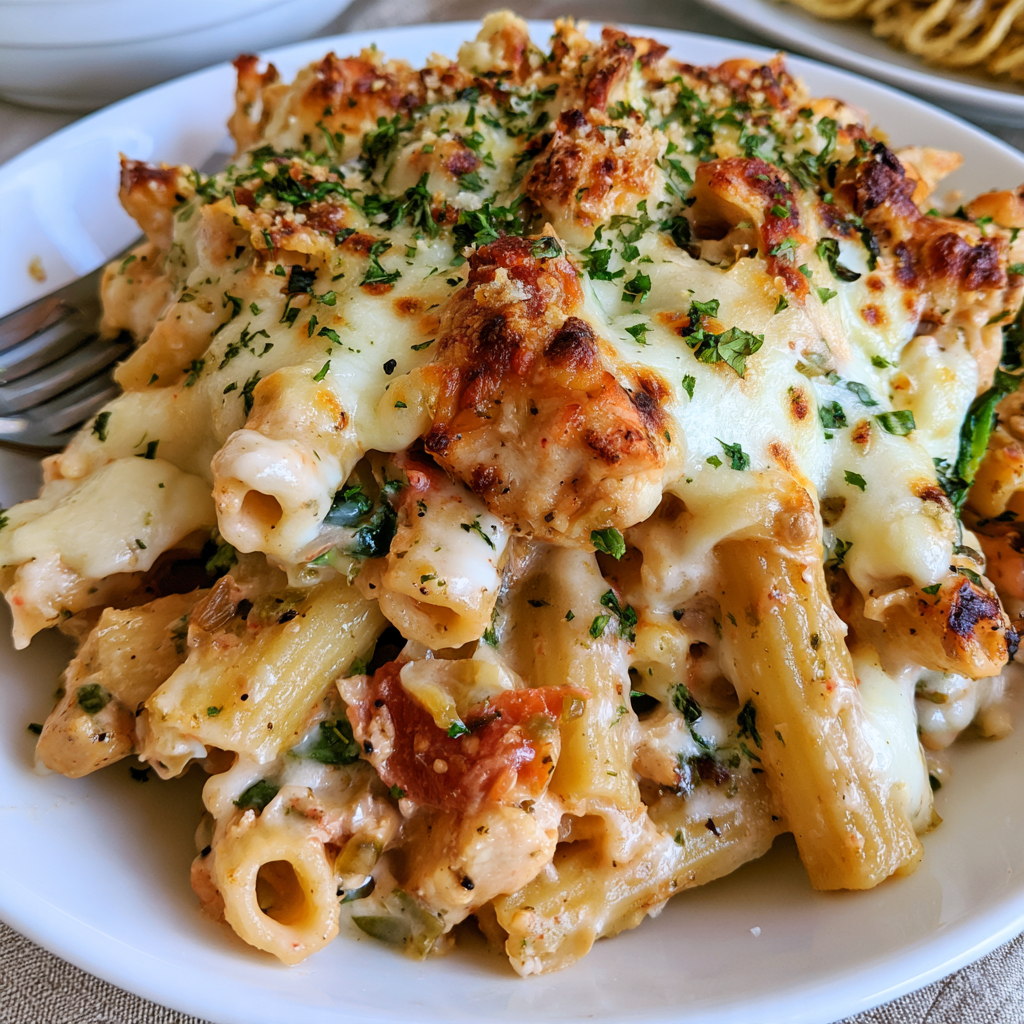 Homemade Garlic Parmesan Chicken Pasta Bake with spinach and a golden cheese topping